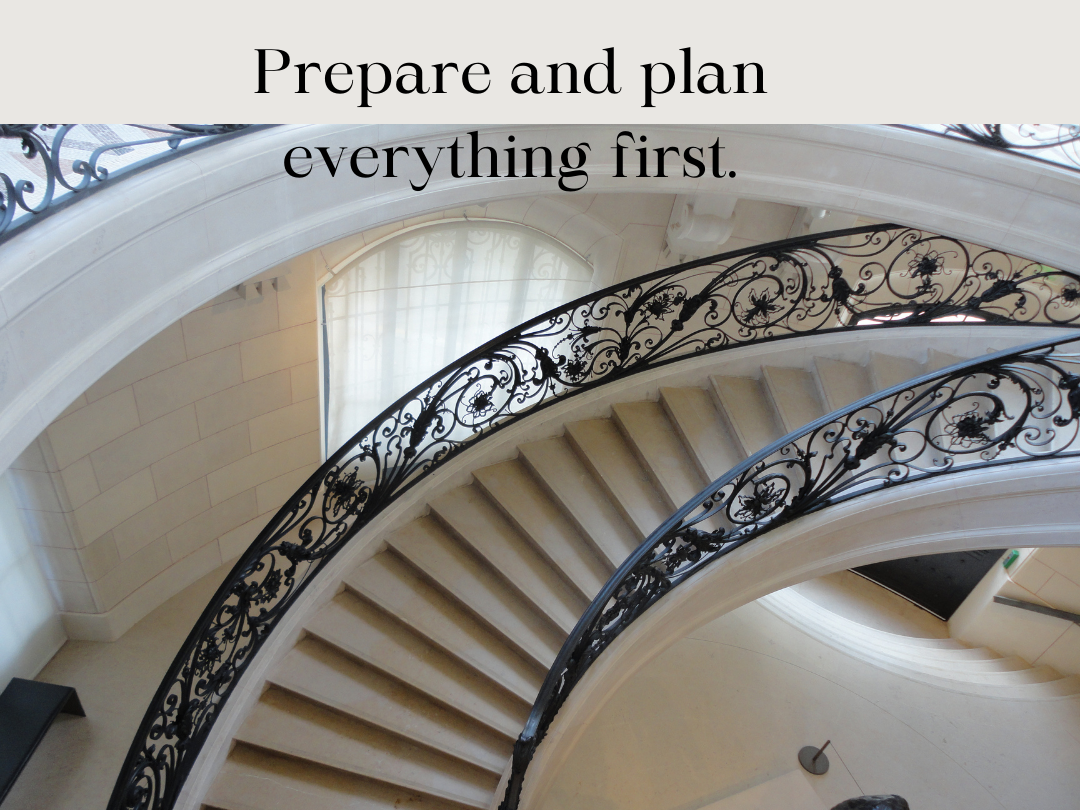 marble staircase with iron floral scrolled railings Birdseye view. black text prepare and plan everything first. how to home improvement advice.