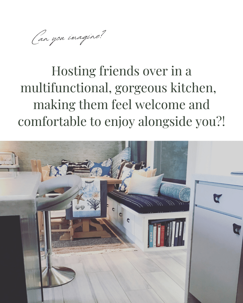 photo of kitchen with dining booth, and grey kitchen cabinets with words "multifunctional, gorgeous kitchen upgrade, making them feel welcome and comfortable to enjoy alongside you?!"