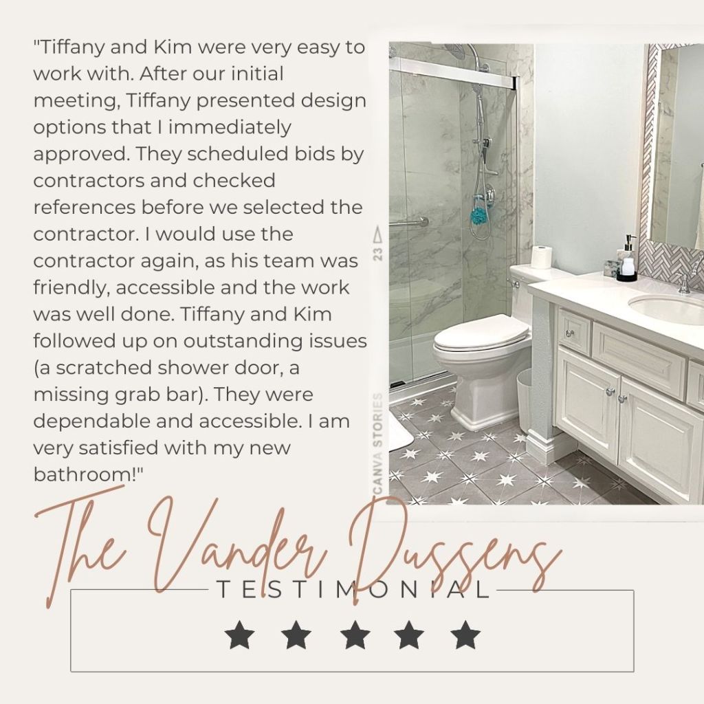 white and grey bathroom with a customer testimonial 5 star rating of OCSIB "Tiffany and Kim were easy to work with."