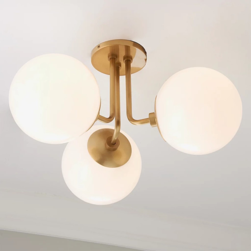 Shades of Light Minimalist Modern Globe Semi-flush Mount three arm brass with 3 frosted white glass sphere shades over 3 bulbs