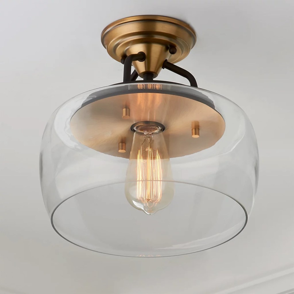 Shades of Light Mod Bowl Semi-Flush light brass mounting cover, with a clear glass bowel, and one industrial retro bulb in center