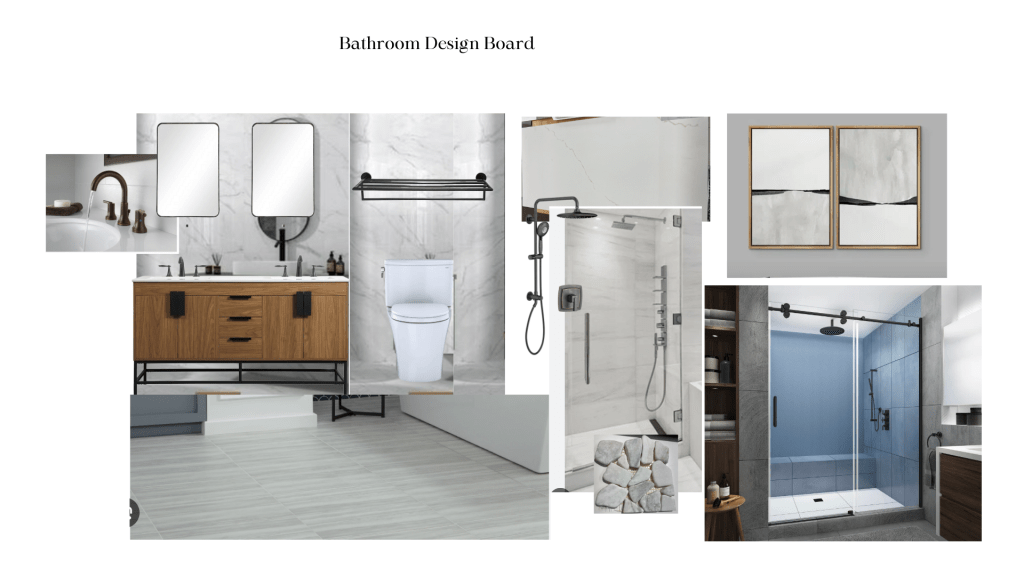bathroom design board text with oil rubbed bronze faucet, white oval sink, walnut vnaity with black handles, 2 rectangle mirrors with black frame, a toilet, grey tile flooring, shower with glass door with grey stone tiles, grey pebble tiles, grey, white and black modern abstract art