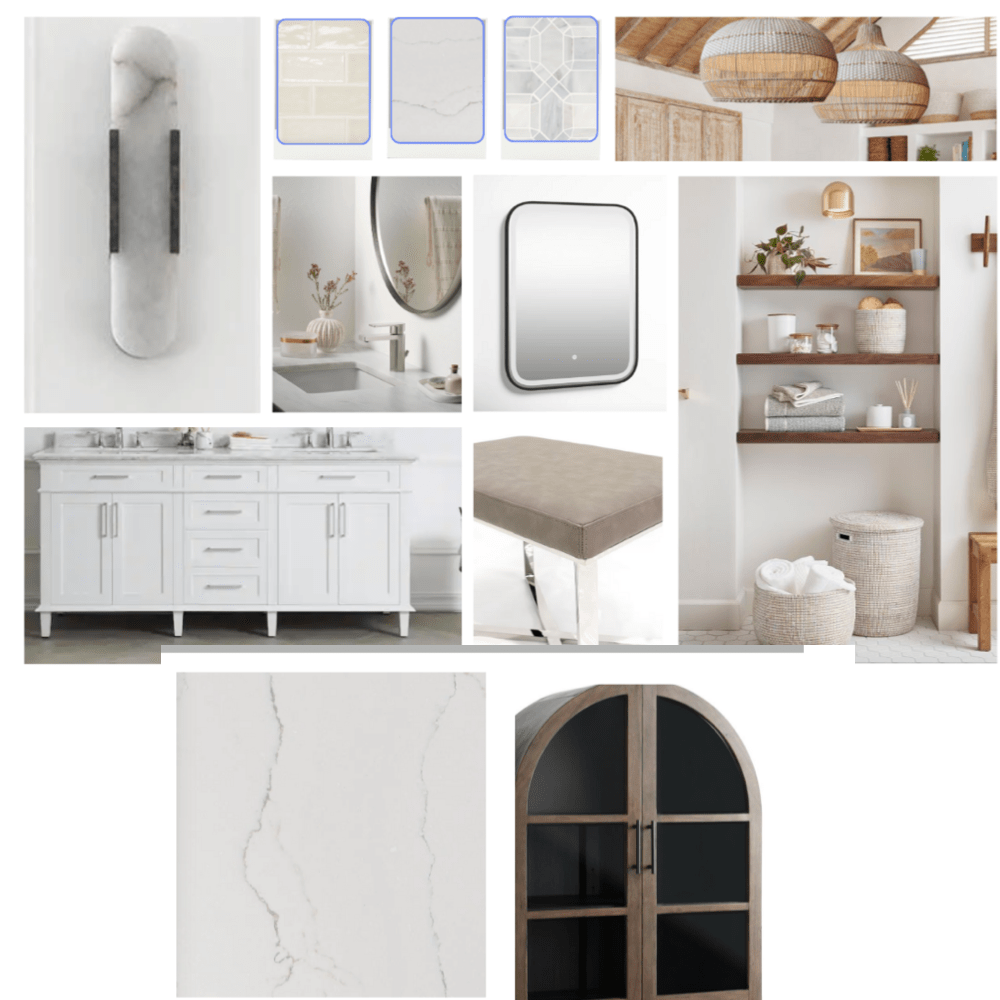 Interior Design bathroom remodel mood board picture with white, creams, rattan, walnut wood shelves, and white marble stone