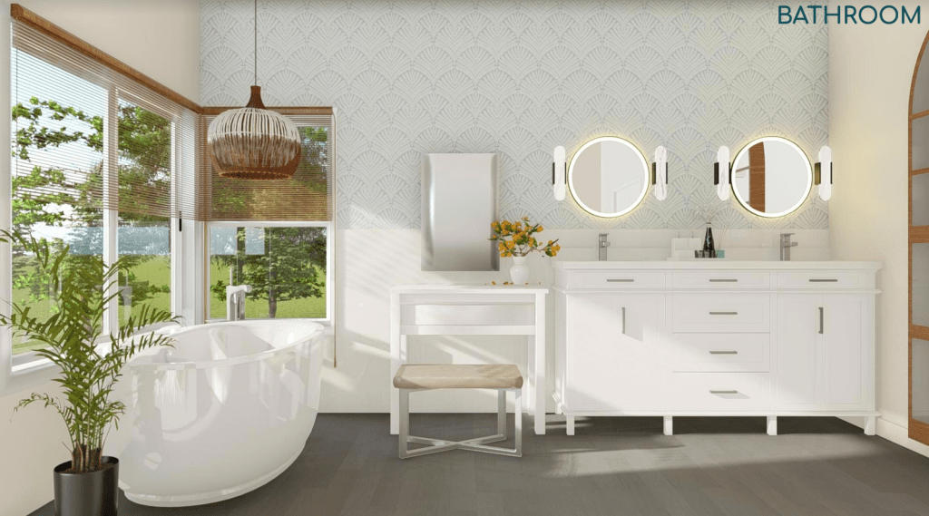 3D rendering of a bathroom with white bathroom cabinets, mirrors with sconces on either side, a vanity, free standing tub in the corner of windows and rattan chandelier over the bathtub 