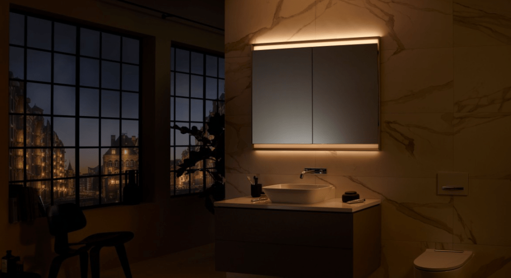 wall sconces in bath on dimmer in evening