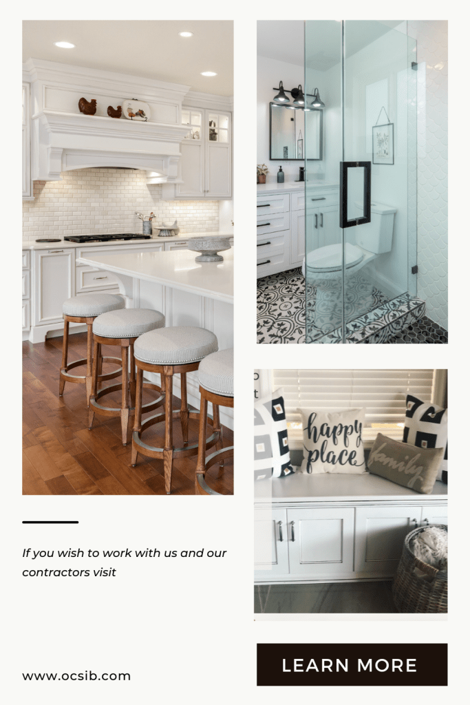 3 image collage of white kitchen with wood floor and walnut barstools, white and black bathroom, and white window seat with black and white pillows with words "If you wish to work with us and our contractors visit www.ocsib.com