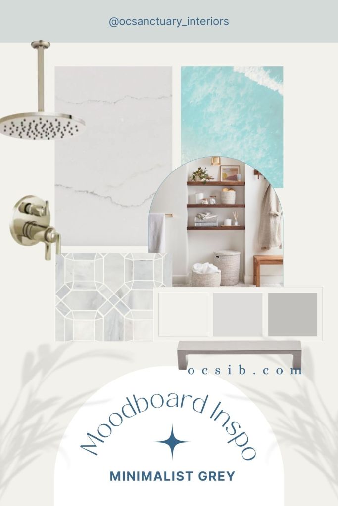 mood board with white marble and grey veins, aqua ocean waves, sqaure lattice marble mosaic floating walnut shelves white paint sample, light grey paint sample, medium grey paint sample, nickle rain shower faucet and blue text reading "moodboard inspo minimalist grey ocsib.com"