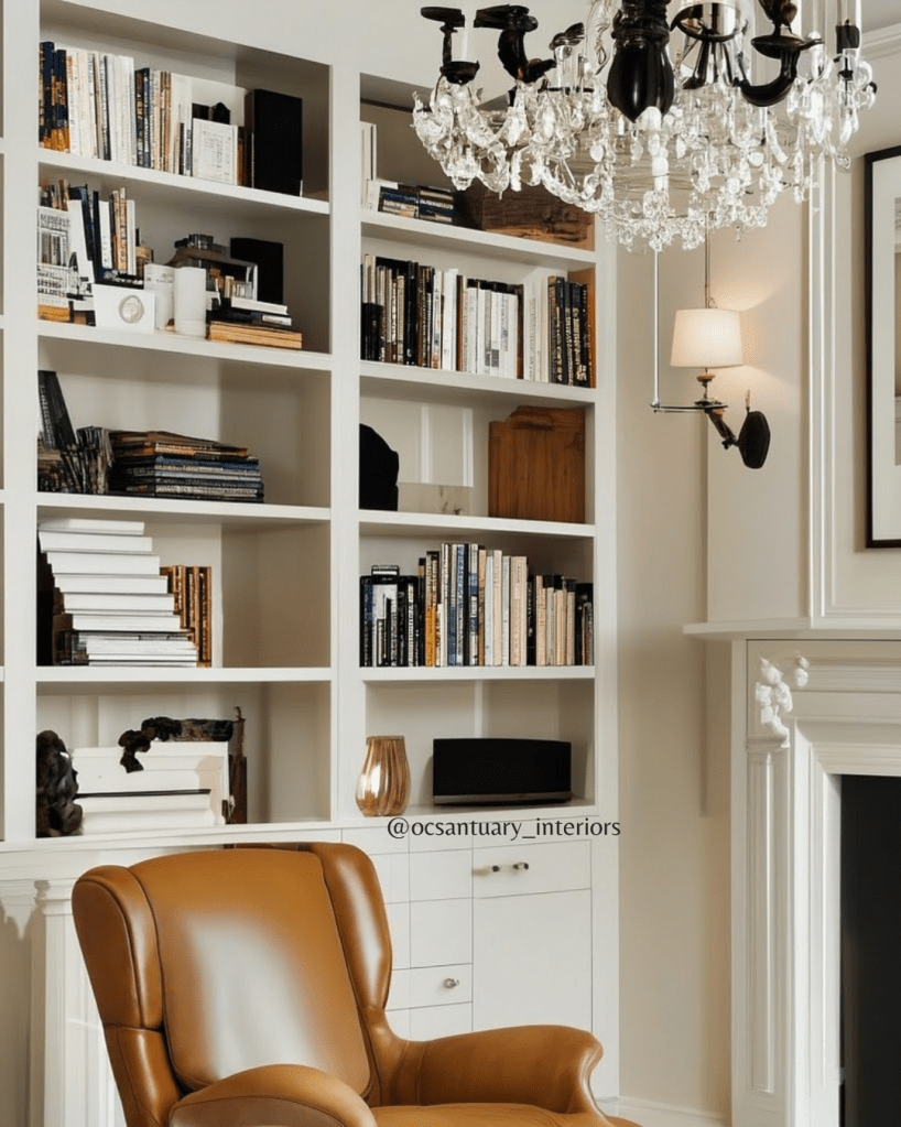 white book cases with drawers below near a fireplace framed with white trim wood black sconce, crystal chandelier and caramel leather chair with books organized in the shelves behind the chair. 