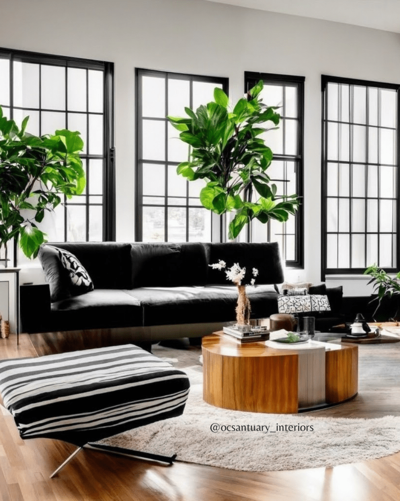 living room with light grey walls black sofa walnut rounded coffee table green indoor trees and light grey rug and black and white striped ottoman.