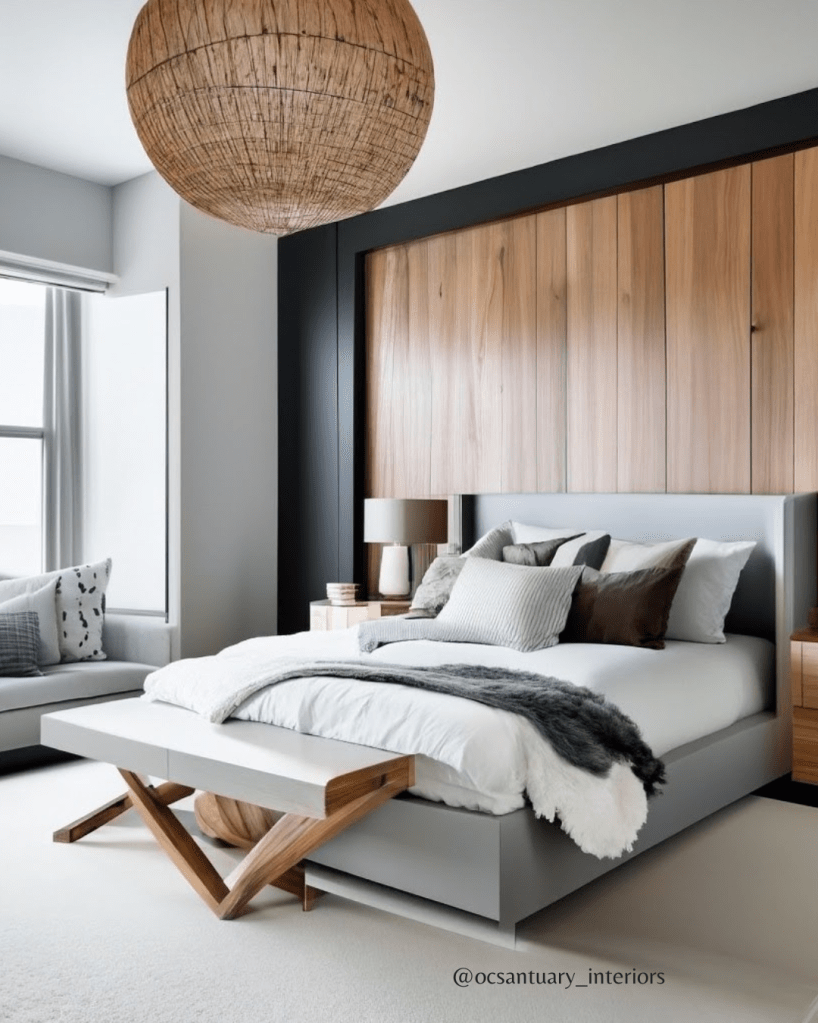 light grey bedroom with bed wall finished in black panels then behind the bed wooden panels all the way up to the ceiling, grey upholsted headboad and beed with white blankets and mixed shades of grey pillows, grey cushioned bench at the foot of the bed with wood legs and white lamp on wooden side table.