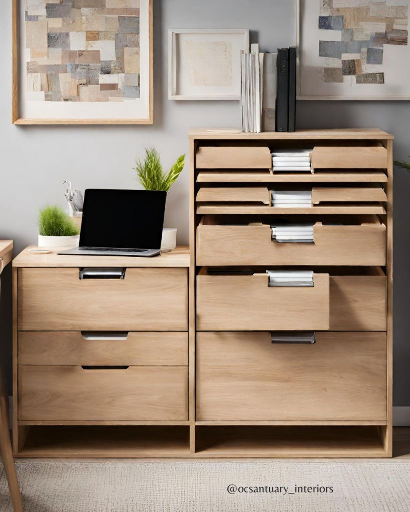 wooden filing cabinet with papers organized and laptop on top of low drawers.