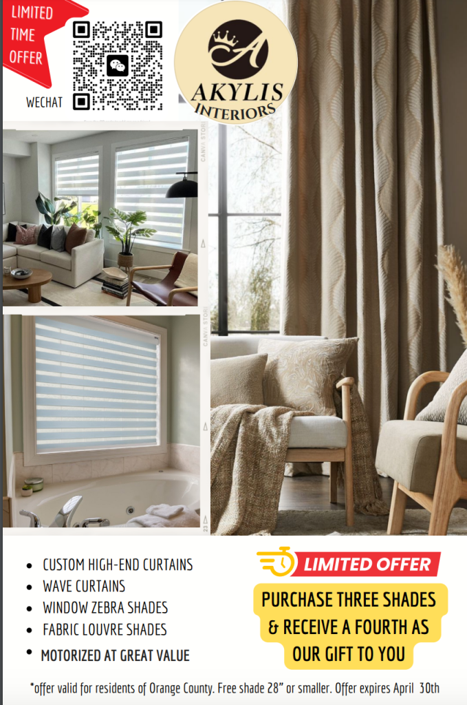 An advertisement for Akylis Interiors showcasing various window treatment options including custom high-end curtains, wave curtains, window zebra shades, fabric louvre shades, and motorized shades. There's also a limited-time offer to purchase three shades and receive a fourth as a gift, with details mentioned below.