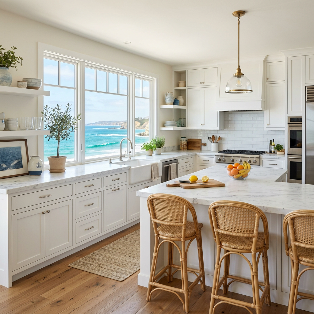 Bright kitchen with white cabinets, marble countertops, wicker bar stools, and ocean view outside windows.
