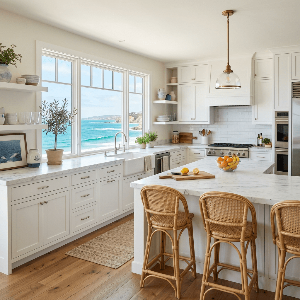 Bright kitchen with white cabinets, marble countertops, wicker bar stools, and ocean view outside windows.